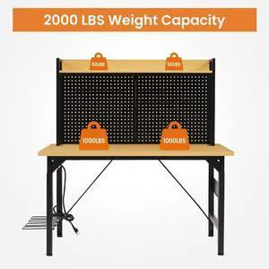 FstNiceTed 48''Adjustable Workbench with pegboard, Heavy Duty Wooden Desktop Workbench with Wheels, 1600 lb. Load Capacity, Rolling Workbench with AC/USB Outlet, Hooks, Shelf