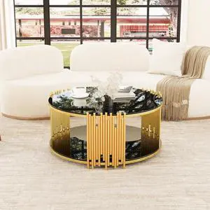 FstNiceTed Modern minimalist light luxury style stainless steel circular coffee table, black tempered glass countertop, living room coffee table