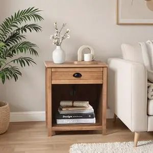 FstNiceTed Oak color P2 density board + solid wood veneer frame 56*45*65cm one drawer with lower compartment bedside table mid-century modern