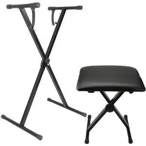 FstNiceTed X-type Keyboard Stand + Adjustable Folding Piano Bench Stool Seat Black