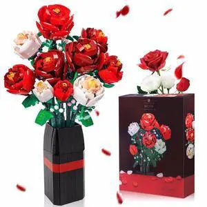 FstNiceTed 9 Roses Artificial Flowers DIY Bouquet Building Block Set 818 PCS with Vase Decor for Kids Daughter Girlfriend Boyfriend Mom - Birthdays Gift