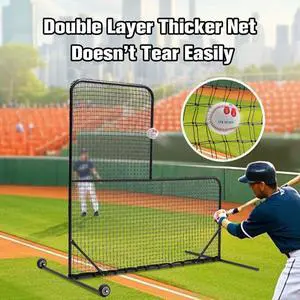 FstNiceTed L-Shaped Baseball Net for Batting Cages, Baseball Pitching Net with Wheels - 84''H x 84''W, with 42'' x 42'' Cutouts,include Carry Bag