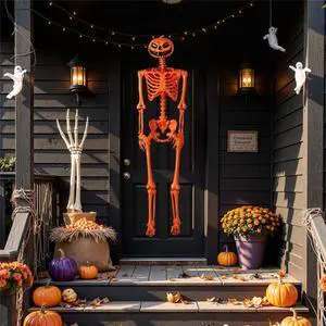 FstNiceTed 5.5ft Life-Size Halloween Skeleton with Pumpkin Head - Orange Color, Fully Poseable Joints (Jaw/Shoulders/Knees), PP+PE Material