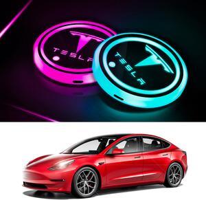 Tesla LED Car Cup Holder Lights, 7 Colors Changing USB Mat Luminescent Cup Pad,Interior Decoration Atmosphere Decal Lamp for Model 3/Y/S/X(2Pcs)