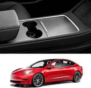 Arcoche Center Console Cover for 2021 Tesla Model 3 Model Y Accessories ABS & Stainless Steel Car Interior Decoration Wrap(Matte Black) Carbon Fiber