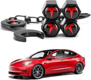 Tire Valve Stem Caps for Tesla Model 3/Y/S/X Car Accessory Decorative 5 Pcs (Black&Red)