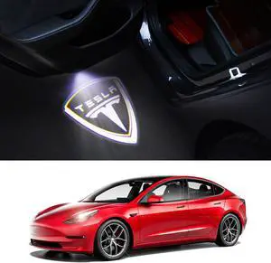 Tesla Model 3 LED Logo Projector Puddle Lights,Model Y&S&X Car Door Light Accessories 2 Pack (Shield with White Light)