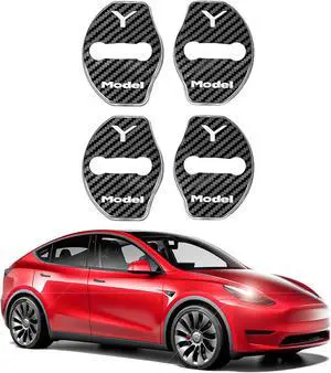 Tesla Model Y Door Lock Cover Protector Accessories Latches Covers,Stainless Steel Door Stopper 4 Pcs(Carbon Fiber)