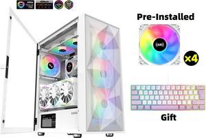 SAMA 3509 Open Door Tempered Glass ATX Mid Tower Gaming Computer Case,USB3.0 x2 ,4 x ARGB Fans Pre-install + RGB Keyboard White