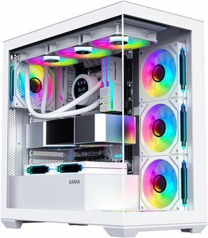 SAMA SV01 Gaming PC Case Computer Mid Tower ATX Case White with 4 Addressable RGB Fans Pre-Installed, Back Plug Motherboard Design, Tempered Glass Transparent Side Panel
