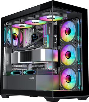SAMA SV01 Gaming PC Case Computer Mid Tower ATX Case with 4 Addressable RGB Fans Pre-Installed, Back Plug Motherboard Design, Tempered Glass Transparent Side Panel, Black