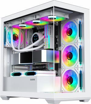 SAMA SV01 Mid Tower ATX Gaming PC Computer Case White, 4 Addressable RGB Fans Pre-Installed, Tempered Glass Side Panel, Back Plug Motherboard Design