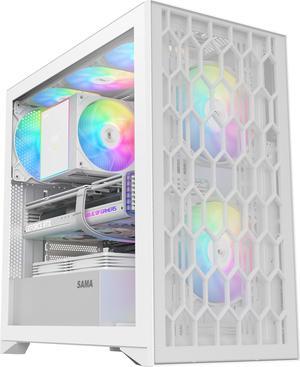 SAMA V Mesh White High-Airflow ATX Mid-Tower Gaming PC Case with Tempered Glass, USB Type-C, and Back-Plug Motherboard Support