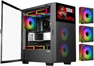 SAMA V-play ATX Mid Tower High-end Gaming Computer PC Case With 8-inch LCD Display, Tempered Glass Side Panels, Supports Multiple Cooling Configurations Black