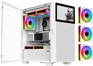 SAMA V-play ATX Mid Tower High-end Gaming Computer PC Case With 8-inch LCD Display, Tempered Glass Side Panels, Supports Multiple Cooling Configurations White