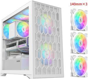 SAMA V Mesh Gaming PC Case, 3x 140mm ARGB Fans Included, High-Airflow ATX Mid-Tower Case with Tempered Glass, USB Type-C, and Back-Plug Motherboard Support, White