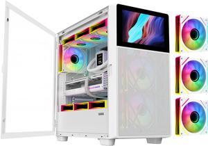 SAMA V-play ATX Mid Tower High-end Gaming Computer PC Case With 8-inch LCD Display, Tempered Glass Side Panels, Supports Multiple Cooling Configurations White