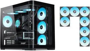 SAMA V60 PC Case, Mid-Tower Computer Case, A Curved Tempered Glass, 7 Pre-Installed ARGB PWM Fans and Fan Hub, USB Type-C, ATX/MATX/ITX Back-Connect Support, 360mm Liquid Cooler Compatible, Black