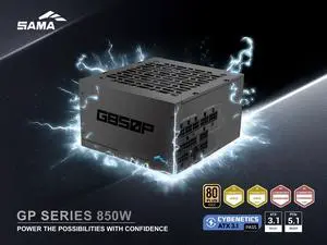 SAMA GP850 850W ATX 3.1 Fully Modular Power Supply, Cybenetics Gold Certified, PCIe 5.1 Ready 12V-2x6 (450W), Full Bridge LLC + DC-DC Design, 120mm FDB Silent Fan, Gaming PC PSU SAMA GP850 850W ATX 3.1 Fully Modular Power Supply, Cybenetics Gold Certified, PCIe 5.1 Ready 12V-2x6 (450W), Full Bridge LLC + DC-DC Design, 120mm FDB Silent Fan, Gaming PC PSU