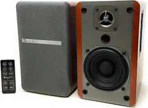 Singing Wood BT27 Active Powered Bluetooth Bookshelf Speakers with Built-in Control & Remote - Studio Monitor with 2 Auxiliary Line Input - 54 Watts RMS - Wood Grain Finish (Black) Walnut