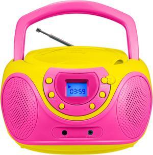 hPlay Gummy P16 Portable CD Player Boombox AM FM Digital Tuning Radio, Aux Line-in, Headphone Jack, Foldable Carrying Handle (Pink)