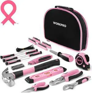 WORKPRO Pink Tool Kit - Hand Tool Set with Easy Carrying Round Pouch - Durable, Long Lasting Chrome Finish Tools - Household Tool Kit Perfect for DIY, Home Maintenance - Pink Ribbon