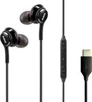 Type C Headphone Earbuds for Samsung Galaxy A53, S21, S22, S22 Ultra, S20 FE - Designed by AKG - Braided Cable with Microphone and Volume Remote USB-C Connector - Black