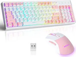 CK98 Wireless Rechargeable Backlit Keyboard and Mouse Combo, RGB White Keyboard with 98 Keys, Dual Color Mouse with 3200DPI for PC Mac Gamers (White/Pink)