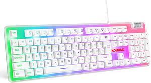 K10 Gaming KeyboardTransparent Case RGB Backlit Keyboard with PBT Ball KeycapErgonomic Wired White Keyboard with Mechanical Feel 104 Key keyboard with Scroll Wheel for PC PS4 Xbox Mac Gaming Office