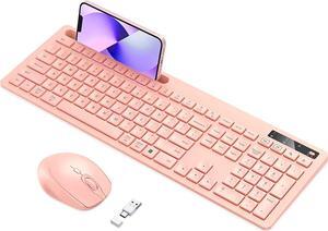 Pink Keyboard and Mouse Wireless, Vivefox Pink Wireless Keyboard with Phone Holder USB A & Type C Receiver Rose Gold Keyboard and Mouse Compatible for Windows, Mac, MacBook / Air / Pro Computer