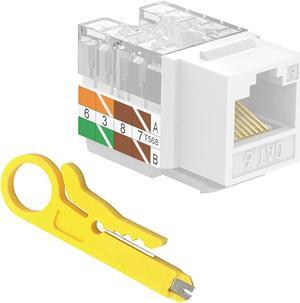 VCE Cat6 RJ45 Keystone Jacks UL Listed 50-Pack, Punch Down Ethernet Wall Jack 90-Degree Adapter in White with 1-Pack Wire Stripper Cutter