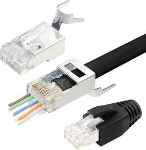 VCELINK Cat7 Cat6A RJ45 Pass Through Connectors Shielded 30-Pack, 3-Prong 50 Gold Plated Modular Plug Ethernet Ends with Strain Relief Boots (Black)