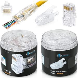Everest Media Solutions RJ45 Cat6 Pass Through Connectors and Strain Relief Boots - Pack of 100/100 - EZ to Crimp Modular Plug for Solid or Stranded UTP Network Cable - Male Ethernet Connector End