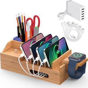 Bamboo Charging Station for Multiple Devices with 5 Port USB Charger, 6 Charger Cables and Watch Stand. Wood Dock Stations Desktop Organizer for Cell Phone, Tablet, Watch, Office Accessories