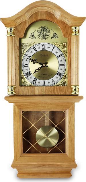 Bedford Clock Collection Classic Golden Oak Chiming Wall Clock With Swinging Pendulum