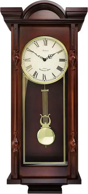 Bedford Clock Collection Grand 31 Inch Chiming Pendulum Wall Clock in Antique Mahogany Cherry Finish