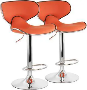 Elama 2 Piece Slim Faux Leather Adjustable Bar Stool in Orangewith Chrome Base