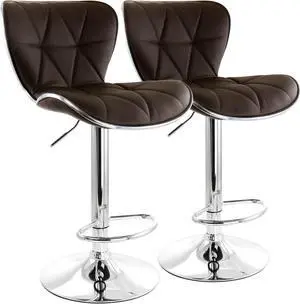 Elama 2 Piece Diamond Tufted Faux Leather Adjustable Bar Stool in Brown with Chrome Trim and Base