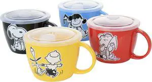 Gibson Peanuts 70th Anniversary 4 Piece Stoneware 23.5oz Soup Bowl Set with Vented Lids in Assorted Colors