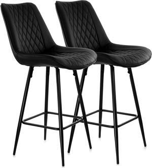 Elama 2 Piece Diamond Stitched Faux Leather Bar Chair in Black with Metal Legs