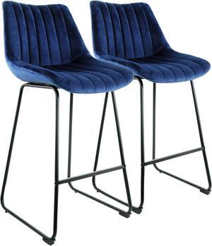 Elama 2 Piece Velvet Tufted Bar Chair in Blue with Metal Legs