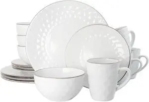 Elama's Luxurious Medici Pearl 16 Piece Dinnerware Set in Slate and Stone Pearl with Setting for 4
