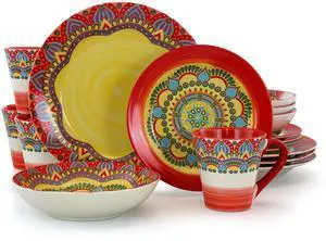 Elama Zen Red Mozaik 16 Piece Luxurious Stoneware Dinnerware with Complete Setting for 4, 16Piece