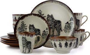 Elama Majestic Wolf 16 Piece Luxurious Stoneware Dinnerware with Complete Setting for 4