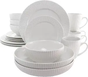 Elama Elle 18 Piece Porcelain Dinnerware Set with 2 Large Serving Bowls in White