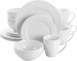 Elama Cara 16 Piece Round Porcelain Dinnerware Set in White