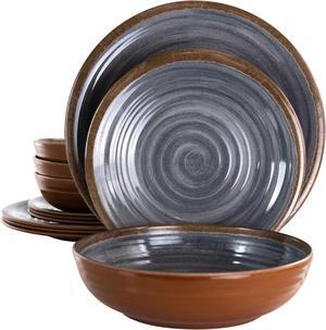 Elama Stone Oak 12 Piece Lightweight Melamine Dinnerware Set in Black