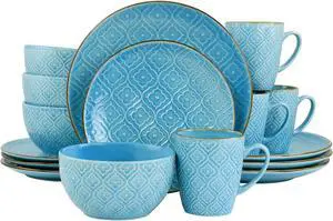 Elama Aqualite 16 Piece Embossed Stoneware Dinnerware Set in Teal