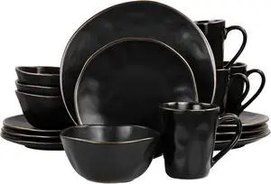 Elama Modern 16 Piece Stoneware Dinnerware Set in Matte Black with Gold Rim