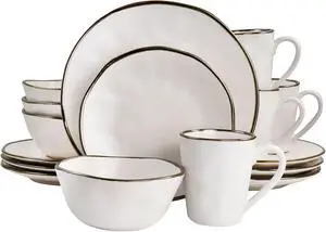 Elama Modern 16 Piece Stoneware Dinnerware Set in Matte White with Gold Rim